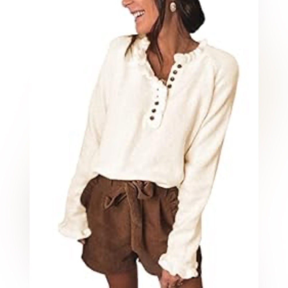 Ecowish Women’s Ruffle Henley Button Sweater, Cream Size Medium